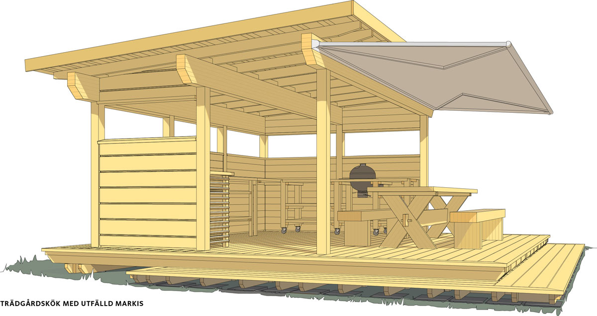Trädgårdskök med utfälld markis