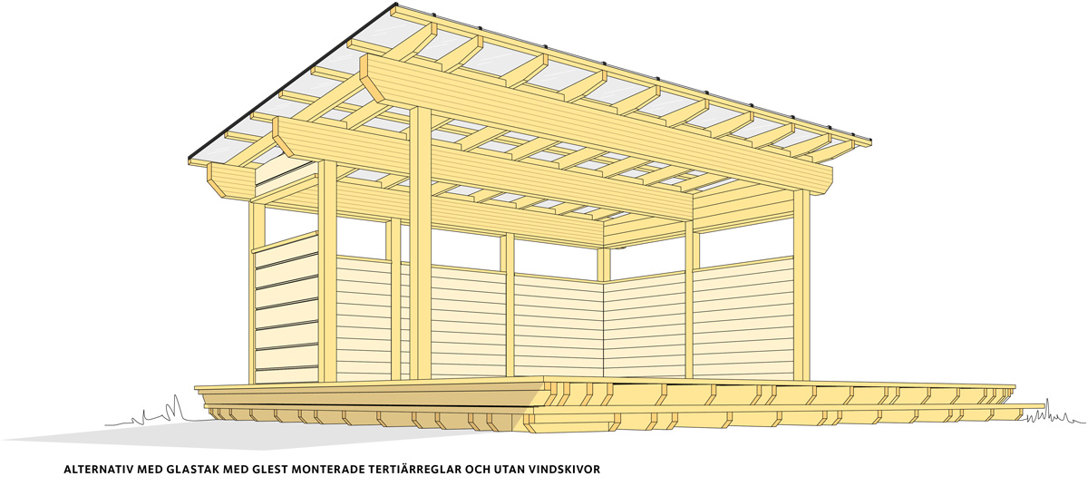 Alternativ med glastak med glest monterade tertiärreglar och utan vindskivor