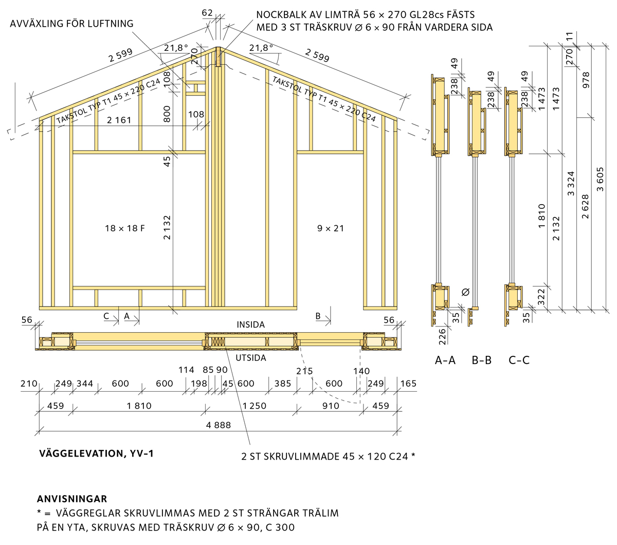 Attefallshus väggelevation vy1